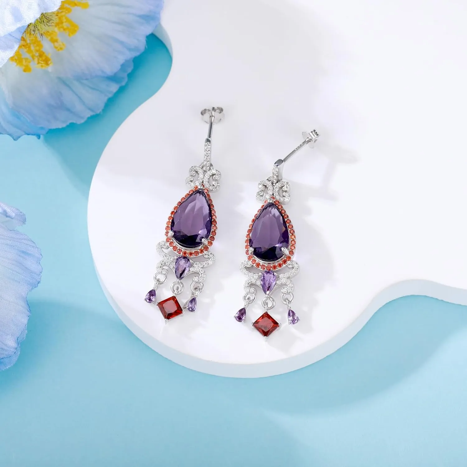 925 Sterling Silver Colorful Chandelier Teardrop Dangle Earrings Statement Flower Stud Earrings for Women Party Prom