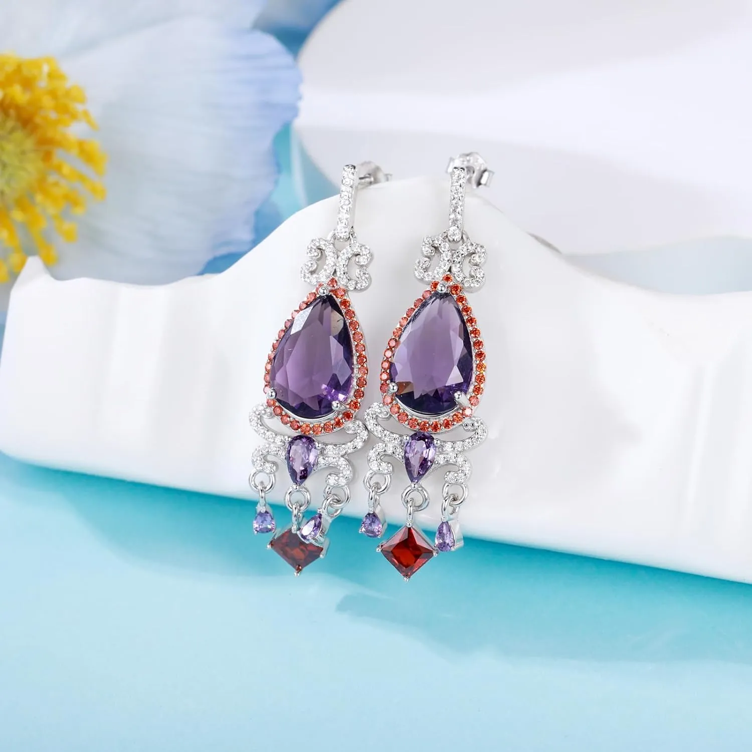 925 Sterling Silver Colorful Chandelier Teardrop Dangle Earrings Statement Flower Stud Earrings for Women Party Prom