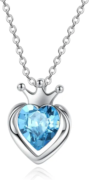 925 Sterling Silver crown Heart Crystal Necklace, Silver crown Pendant Necklace Birthday Jewelry Gifts for Women (Blue)