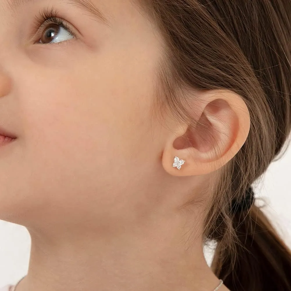925 Sterling Silver Elegant 5mm Cubic Zirconia Butterfly Shaped Safety Screw Back Earrings for Toddlers & Young Girls