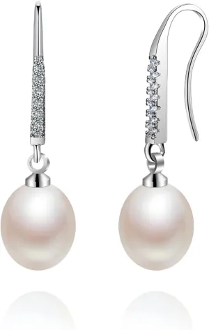 925 Sterling Silver Elegant Dangle Freshwater Pearl Earrings for Women - AKOCIDY