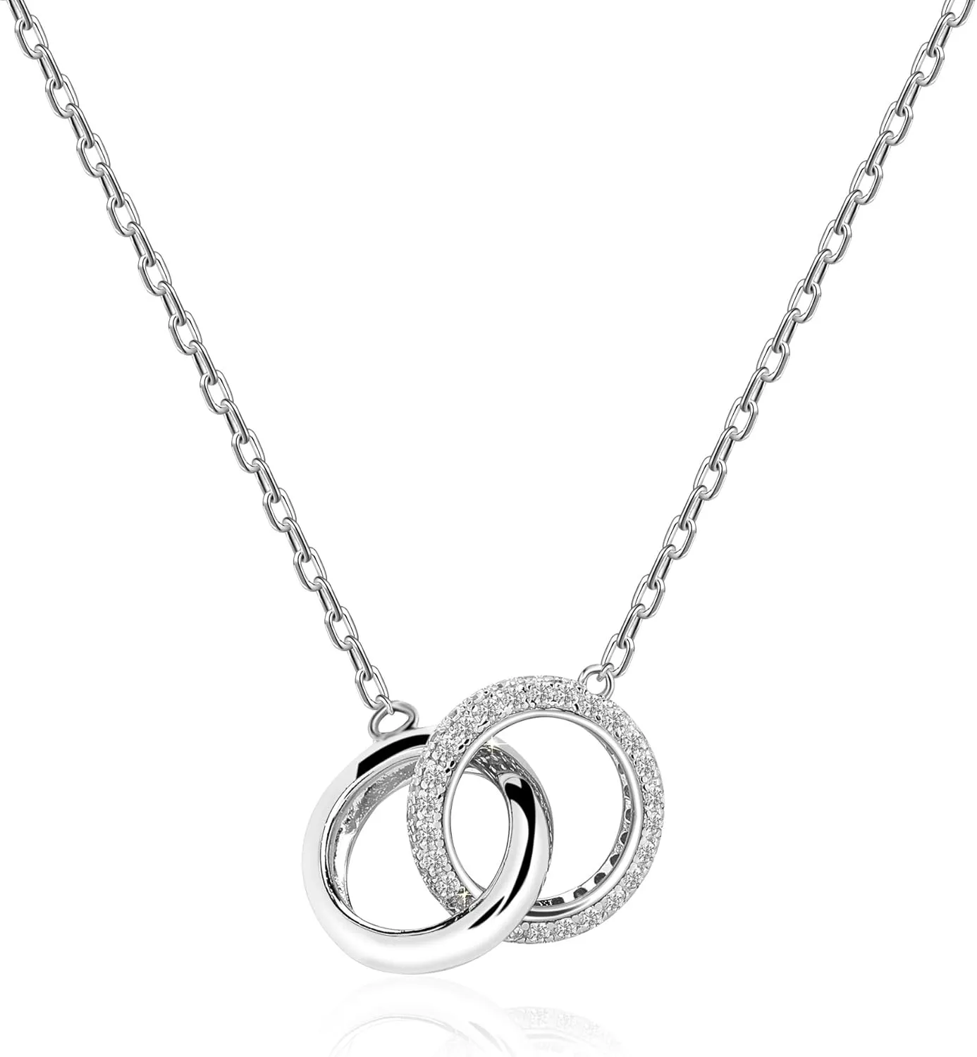925 Sterling Silver Necklaces for Women Trendy 18K White Gold Plated Cubic Zirconia Crystal Charm Necklace Chains Fashion Dainty Interlocking Circle Pendant Necklace Jewelry for Women Valentine for Mother Mom Lover Friend Bridesmaid,18