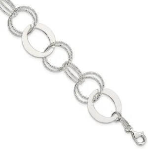 925 Sterling Silver Polished and Textured Circle Link Bracelet 7.5"