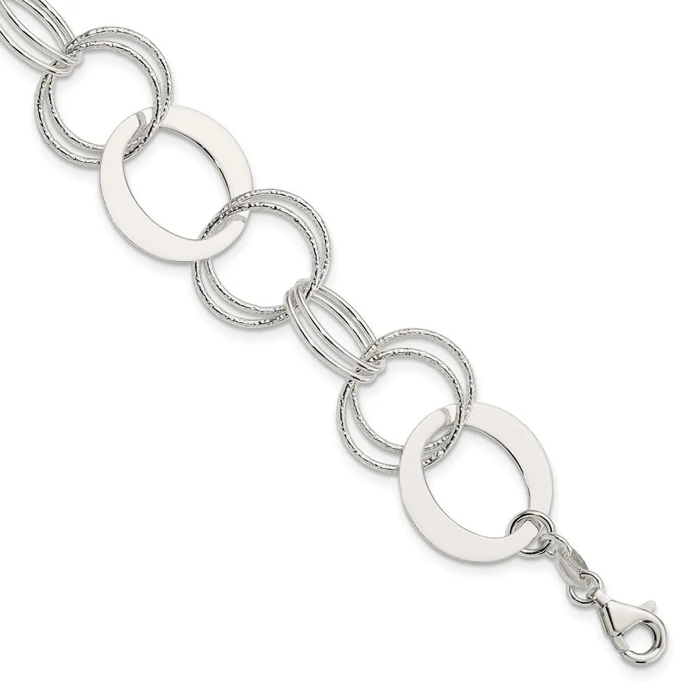 925 Sterling Silver Polished and Textured Circle Link Bracelet 7.5"