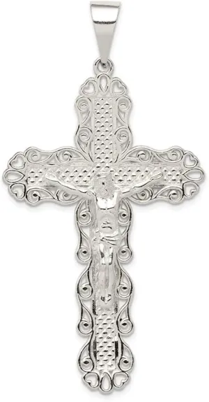 925 Sterling Silver Polished and Textured Large Floral Cross Shaped with Jesus Pendant