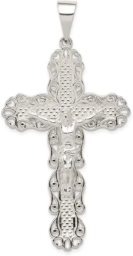 925 Sterling Silver Polished and Textured Large Floral Cross Shaped with Jesus Pendant