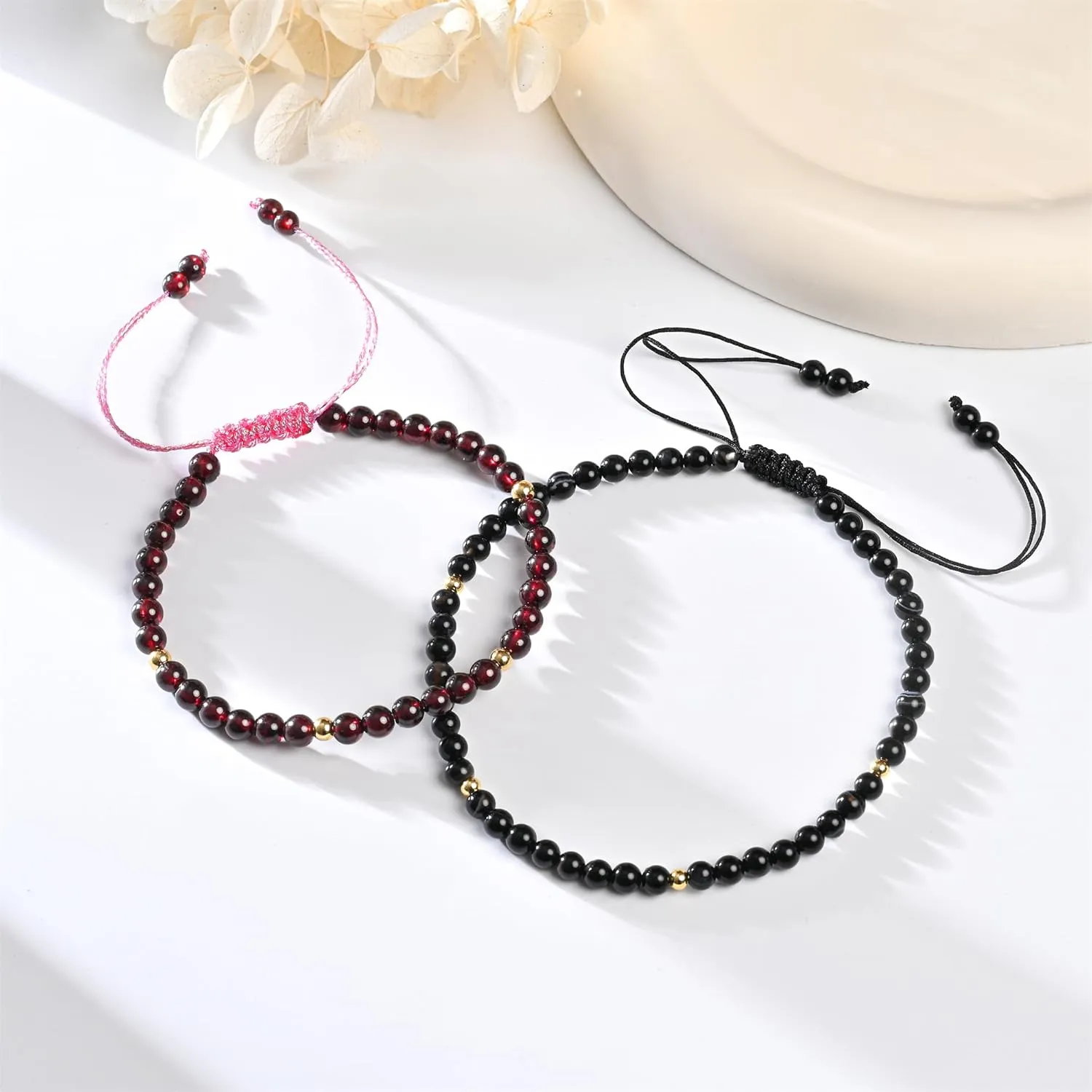 925 Sterling Silver/Gold Anklet,4MM9-12 in, Natural Stone Anklet, Hand Woven, Adjustable Size