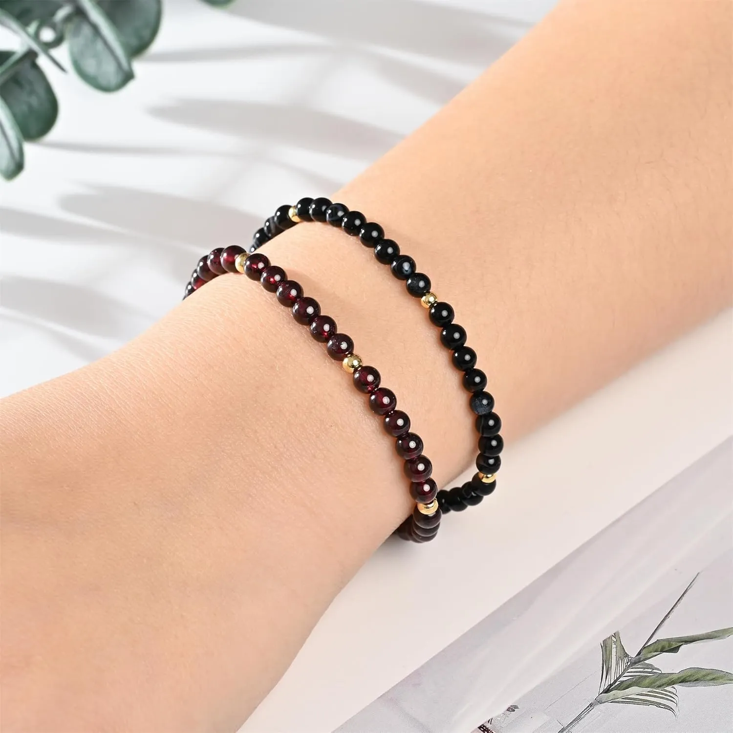 925 Sterling Silver/Gold Anklet,4MM9-12 in, Natural Stone Anklet, Hand Woven, Adjustable Size