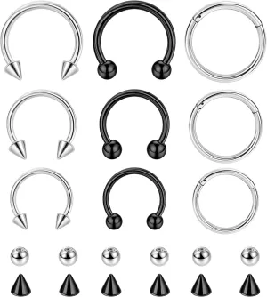 9Pcs 14G 16G 18G 20G Surgical Steel Nose Septum Rings Horseshoe Hoop Earrings Cartilage Helix Tragus Eyebrow Lip Daith Piercing Hinged Seamless Septum Nose Ring for Women Men