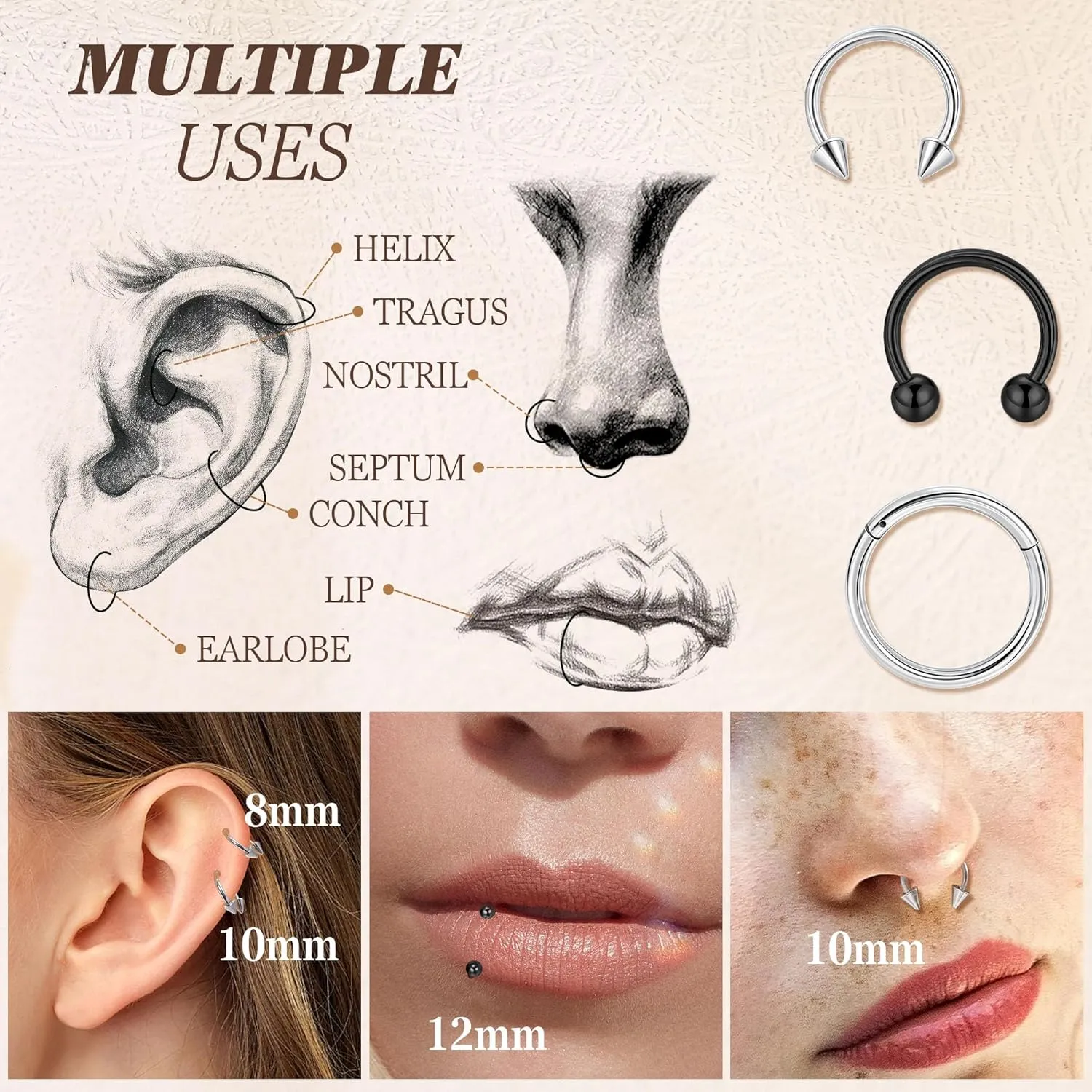 9Pcs 14G 16G 18G 20G Surgical Steel Nose Septum Rings Horseshoe Hoop Earrings Cartilage Helix Tragus Eyebrow Lip Daith Piercing Hinged Seamless Septum Nose Ring for Women Men