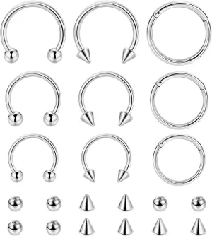9Pcs 14G 16G 18G 20G Surgical Steel Nose Septum Rings Horseshoe Hoop Earrings Cartilage Helix Tragus Eyebrow Lip Daith Piercing Hinged Seamless Septum Nose Ring for Women Men