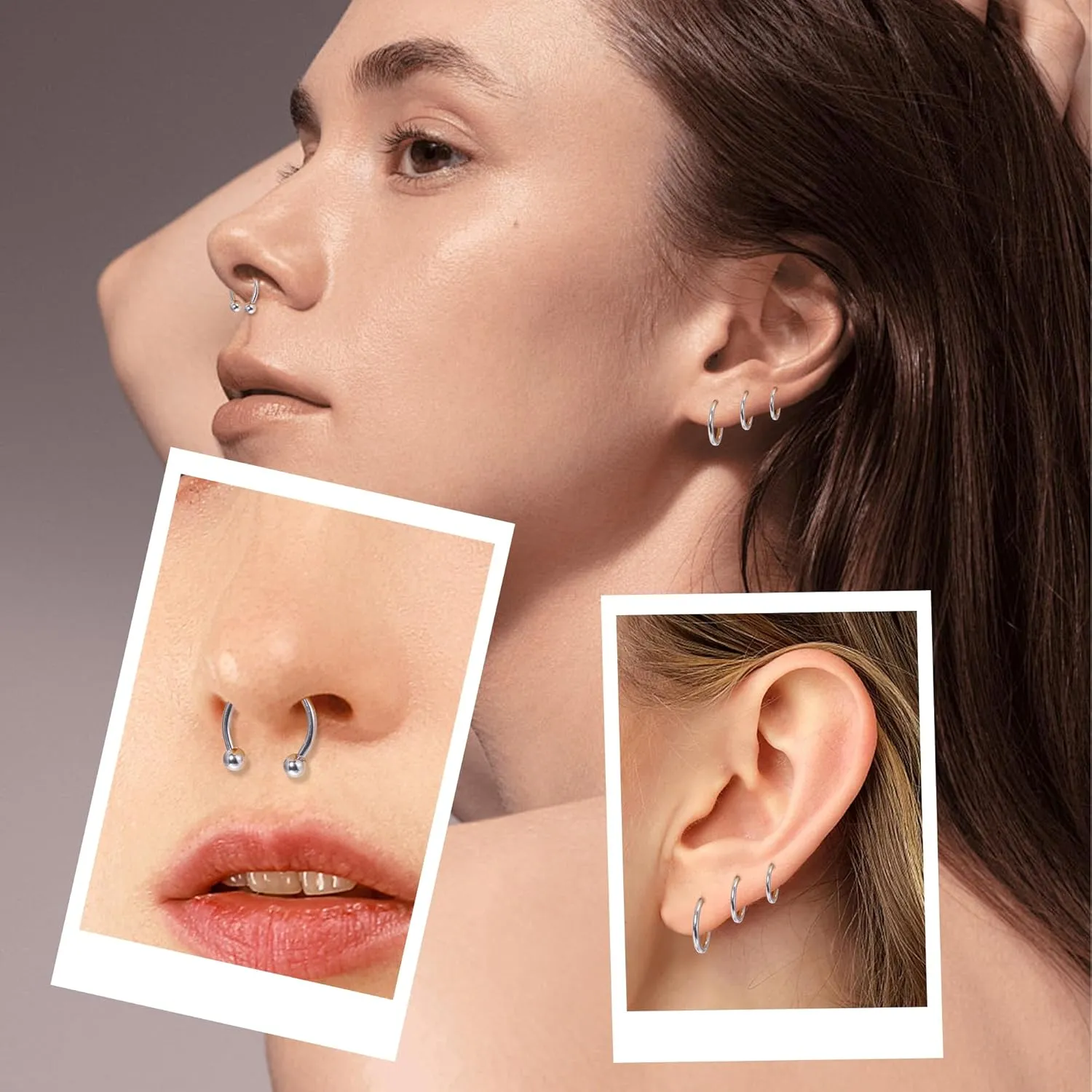 9Pcs 14G 16G 18G 20G Surgical Steel Nose Septum Rings Horseshoe Hoop Earrings Cartilage Helix Tragus Eyebrow Lip Daith Piercing Hinged Seamless Septum Nose Ring for Women Men