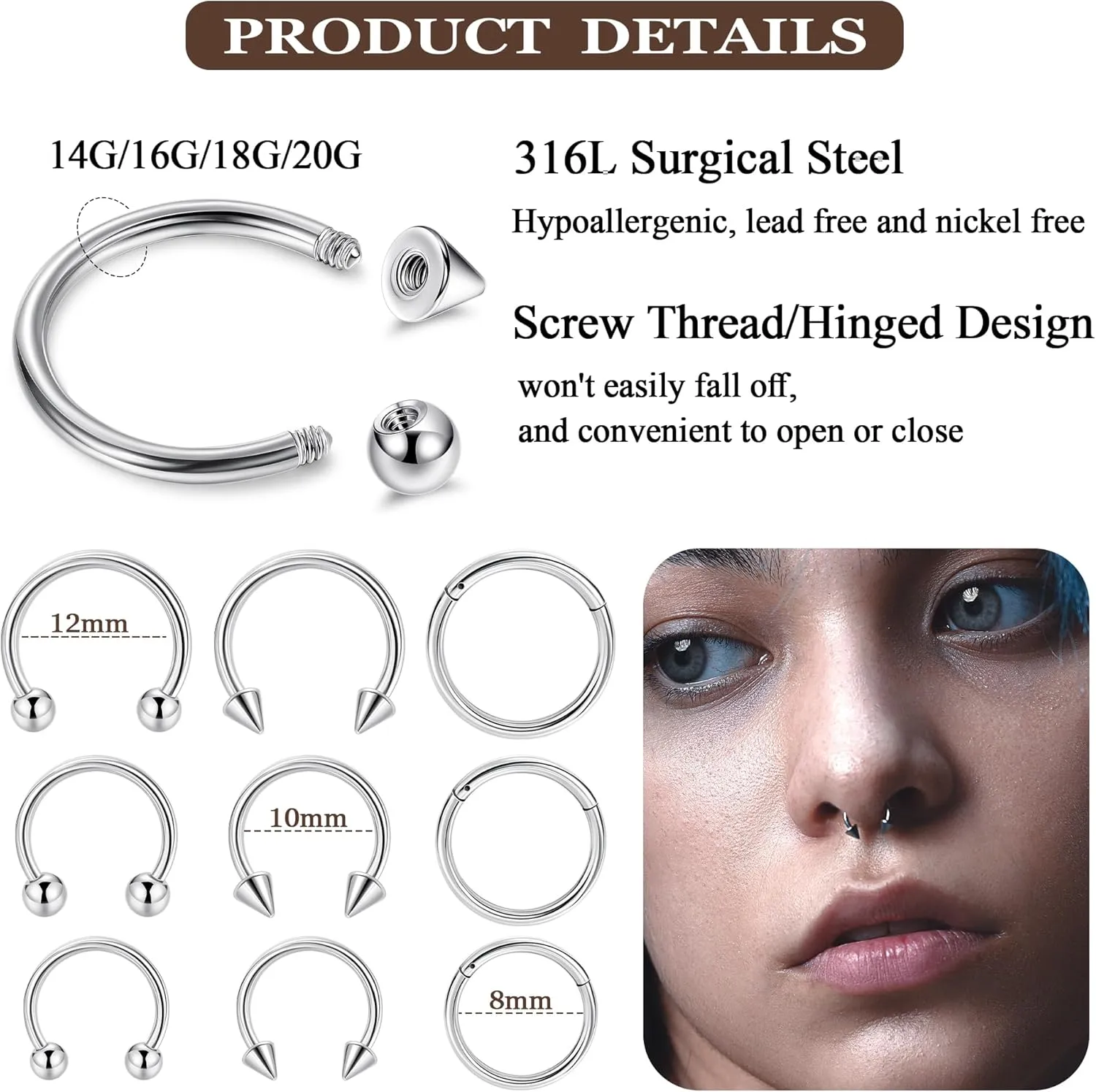 9Pcs 14G 16G 18G 20G Surgical Steel Nose Septum Rings Horseshoe Hoop Earrings Cartilage Helix Tragus Eyebrow Lip Daith Piercing Hinged Seamless Septum Nose Ring for Women Men