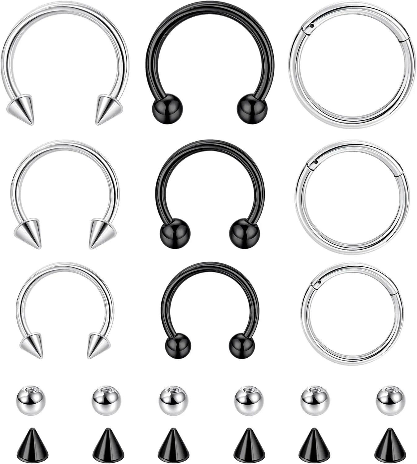 9Pcs 14G 16G 18G 20G Surgical Steel Nose Septum Rings Horseshoe Hoop Earrings Cartilage Helix Tragus Eyebrow Lip Daith Piercing Hinged Seamless Septum Nose Ring for Women Men