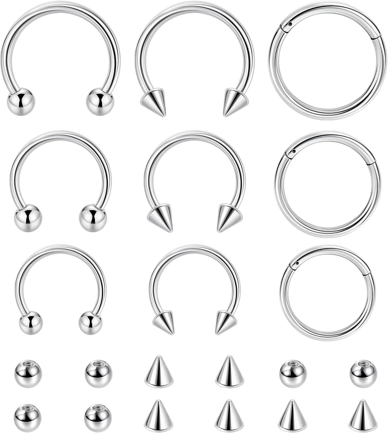 9Pcs 14G 16G 18G 20G Surgical Steel Nose Septum Rings Horseshoe Hoop Earrings Cartilage Helix Tragus Eyebrow Lip Daith Piercing Hinged Seamless Septum Nose Ring for Women Men