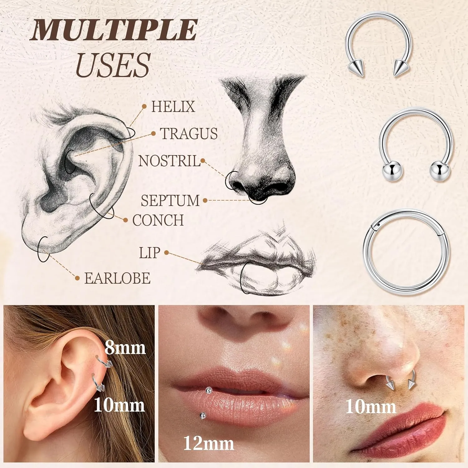 9Pcs 14G 16G 18G 20G Surgical Steel Nose Septum Rings Horseshoe Hoop Earrings Cartilage Helix Tragus Eyebrow Lip Daith Piercing Hinged Seamless Septum Nose Ring for Women Men