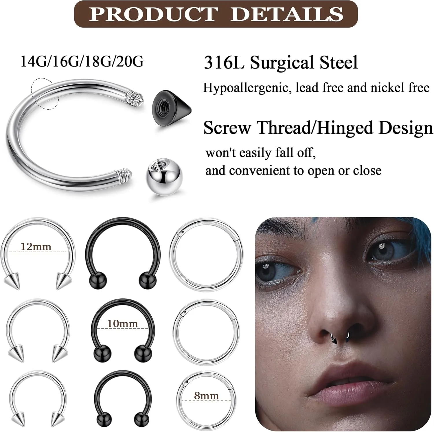 9Pcs 14G 16G 18G 20G Surgical Steel Nose Septum Rings Horseshoe Hoop Earrings Cartilage Helix Tragus Eyebrow Lip Daith Piercing Hinged Seamless Septum Nose Ring for Women Men