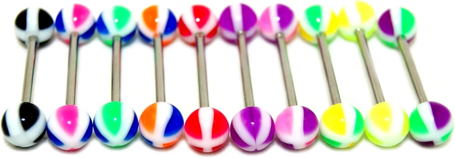 Acrylic Tongue Rings Barbells Bar 14G Stripes Design LOT of 10