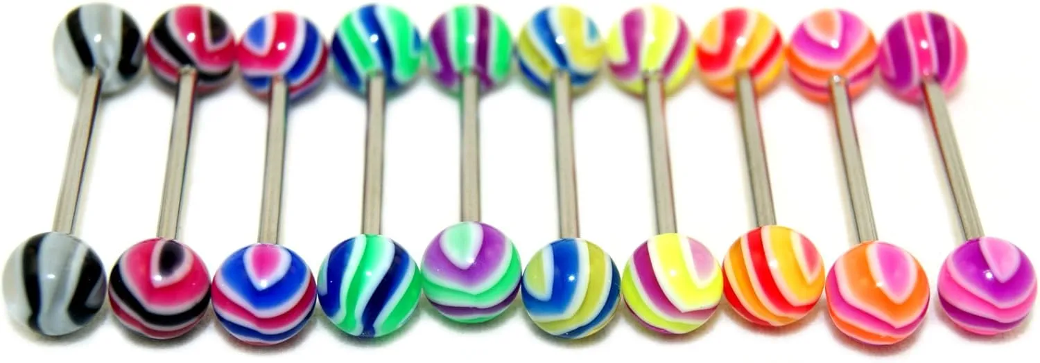 Acrylic Tongue Rings Barbells Bar 14G Stripes Pattern LOT of 10