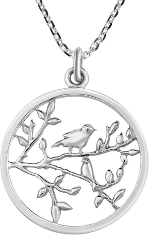 AeraVida Beautiful Nightingale Bird on a Branch .925 Sterling Silver Round Pendant Necklace | Nightingale Bird Pendant Necklace for Women | Bird on a Branch Pendant Necklace
