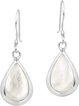 AeraVida Elegant Teardrop White Mother of Pearl Inlay Sterling Silver Dangle Earrings