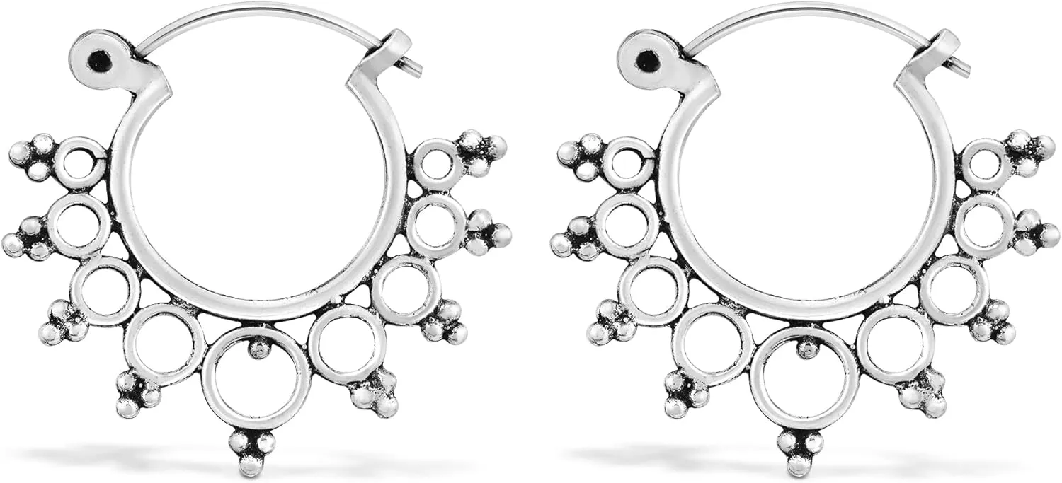 AeraVida Retro Chic Radiant Suns of .925 Sterling Silver Hollow Bali-Style Hoop Earrings | Sterling Silver Hoop Earrings | Earrings for Women | Hoop Earrings Set