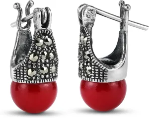 AeraVida Vintage Flair Marcasite Style Pyrite and Reconstructed Red Coral .925 Sterling Silver 8mm Earrings | Elegant Antique-Inspired Jewelry for Women