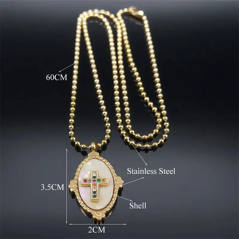Aesthetic Cross Prayer Necklace Crystal Shell Stainless Steel  Chain Necklaces