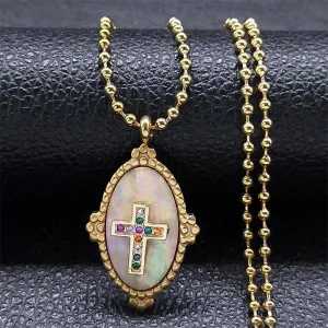Aesthetic Cross Prayer Necklace Crystal Shell Stainless Steel  Chain Necklaces