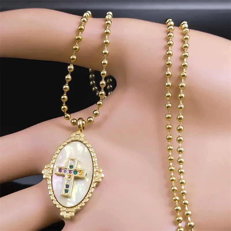 Aesthetic Cross Prayer Necklace Crystal Shell Stainless Steel  Chain Necklaces