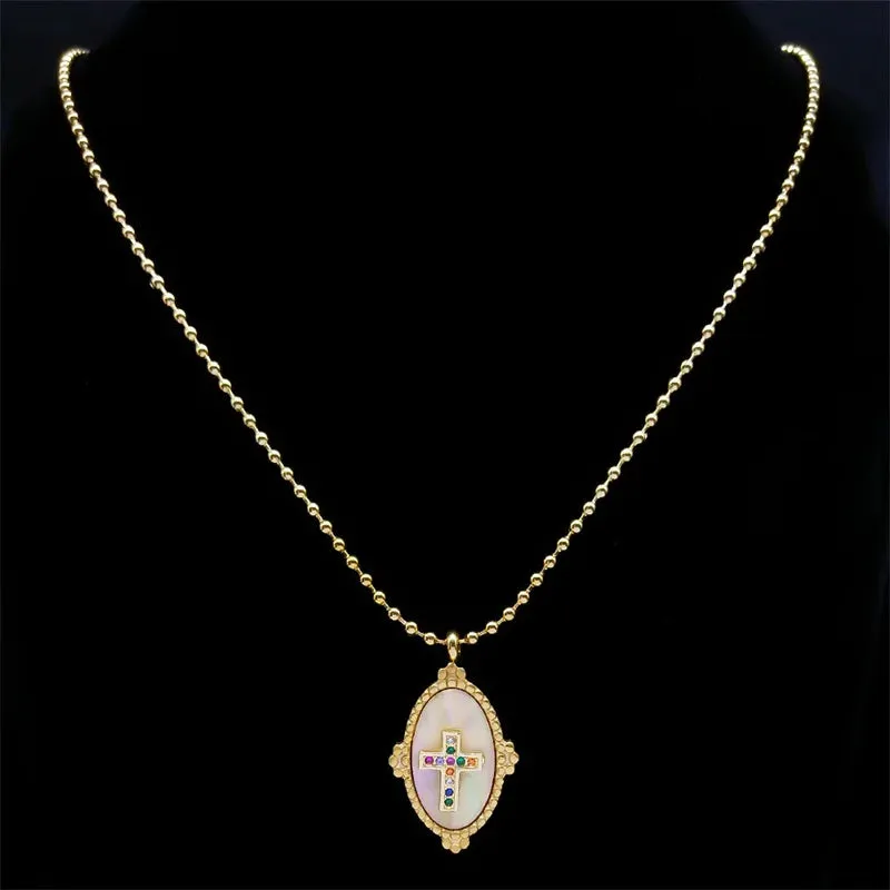 Aesthetic Cross Prayer Necklace Crystal Shell Stainless Steel  Chain Necklaces