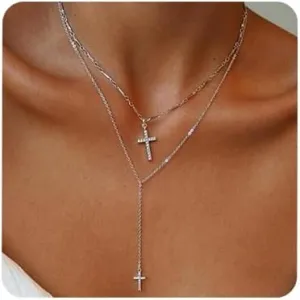 Aimimier Layered Choker Necklace Cross Necklace Rhinestone Cross Charm Pendant Necklace Bohemia Jewelry for Women(Silver)