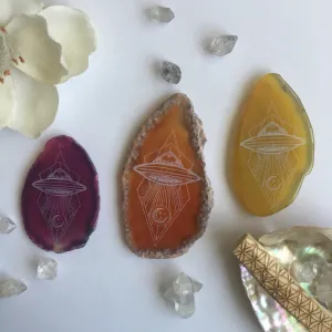 Alien Abduction Agate Slices Pendant Necklace on Stainless Steel Chain
