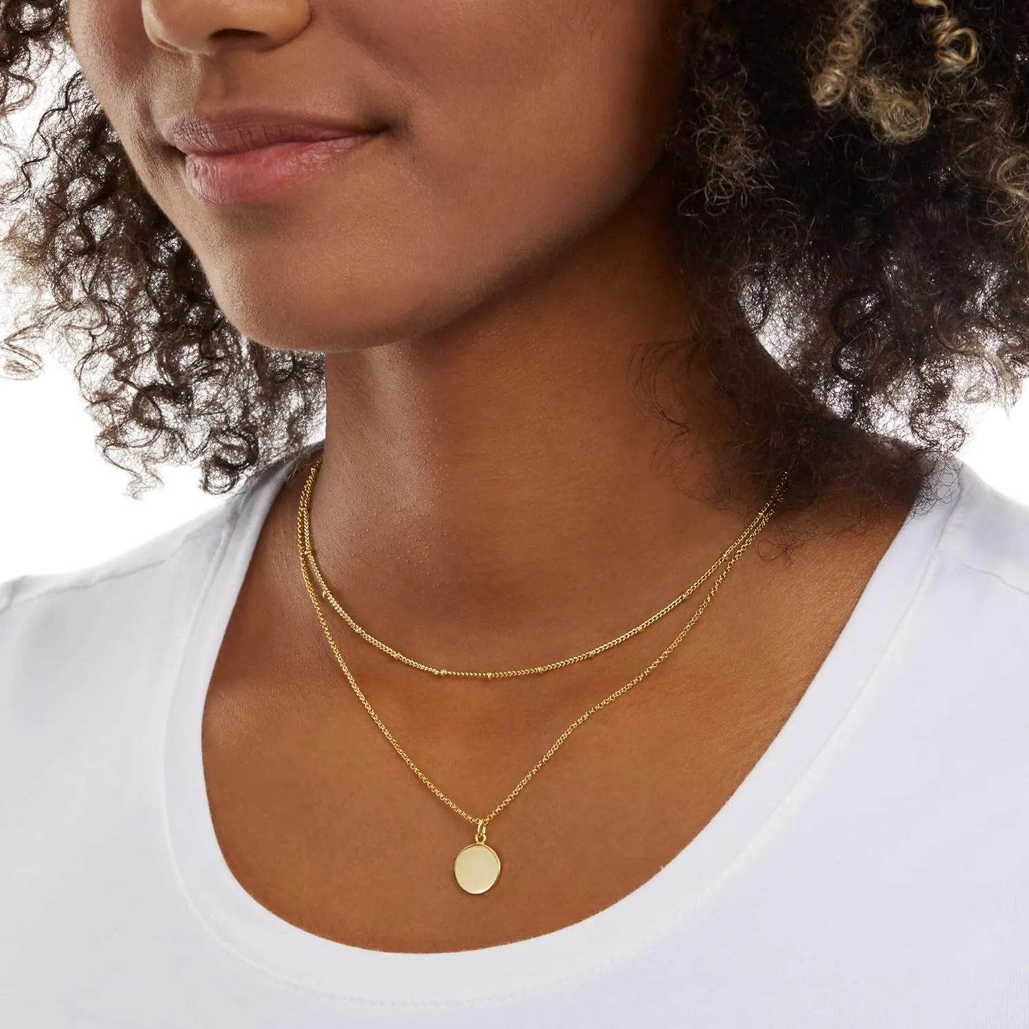 Amazon Essentials Polished Disc and Beaded Chain 2 Row Layer Necklace