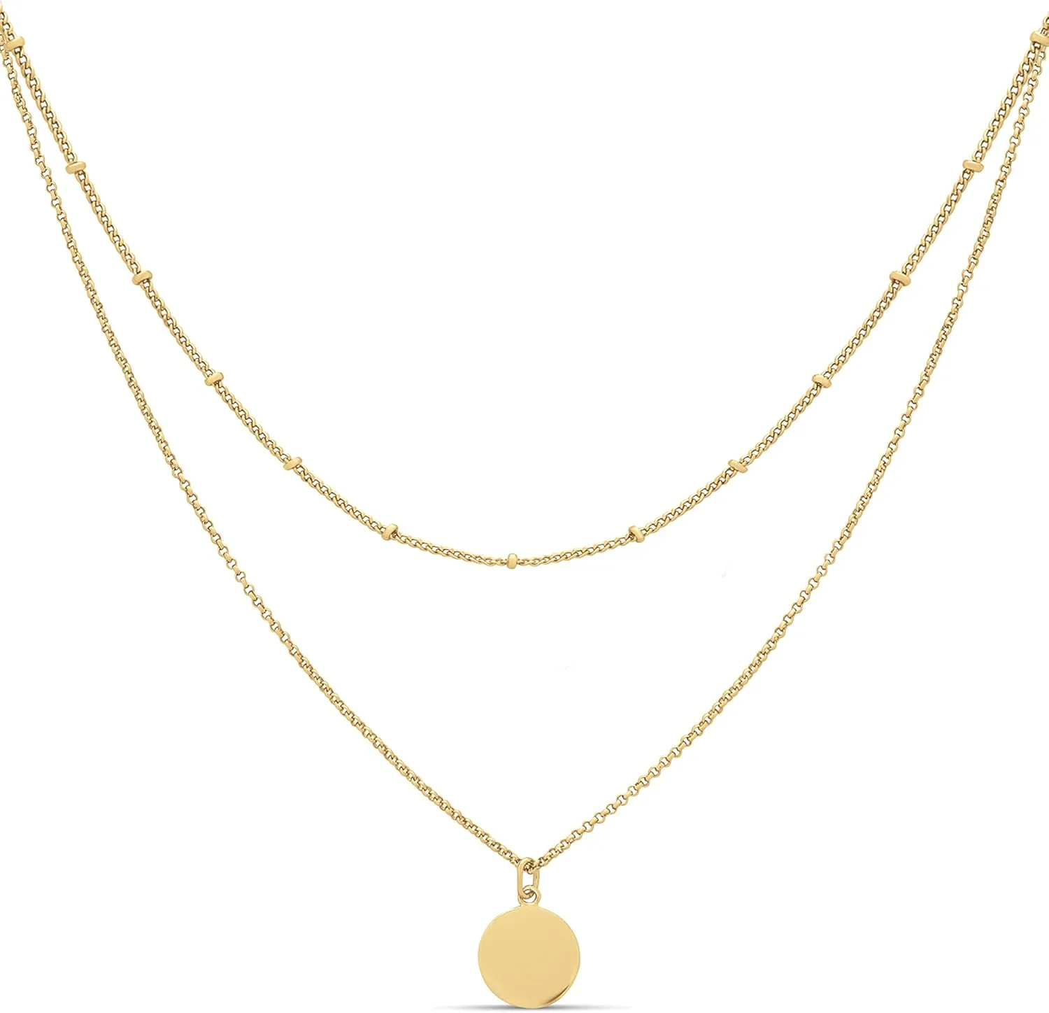 Amazon Essentials Polished Disc and Beaded Chain 2 Row Layer Necklace