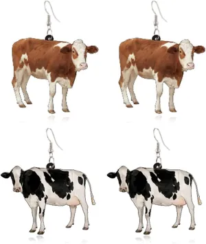 ANDPAI 2 Pairs Unique Funny Acrylic Cartoon Cow Dangle Earrings Cute Chic Dairy Cattle Animal Drop Hook Earrings Sets for Women Statement Jewelry Gifts