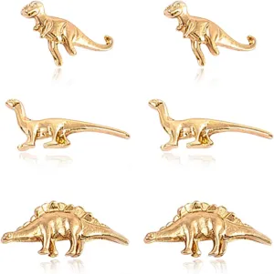 ANDPAI 3 Pairs Chic Charm Gold Metal Dinosaur Stud Earrings Sets Cute Tiny Silver Hypoallergenic Animal Earrings for Women