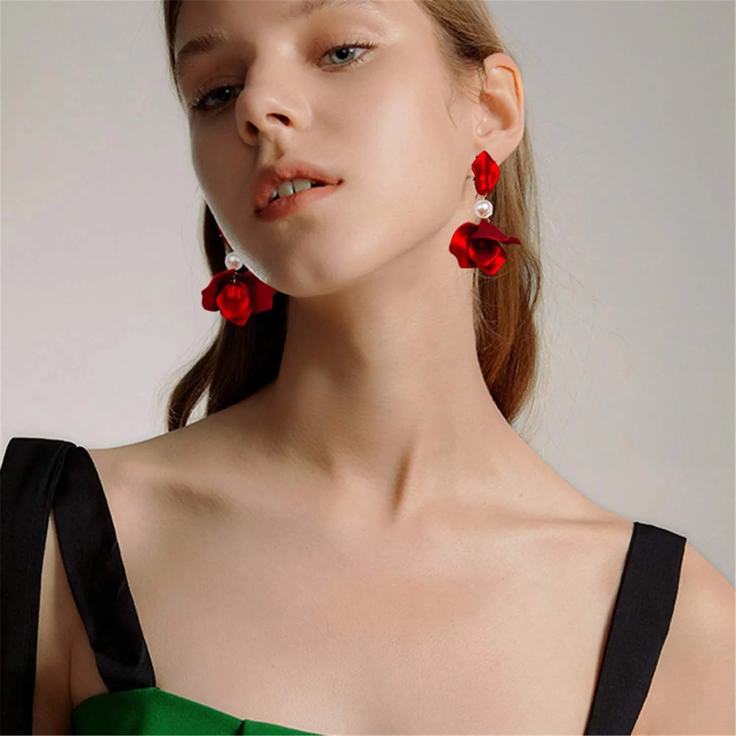 ANDPAI Chic Elegant Boho Red Rose Petal Dangle Resin Earrings - Long Drop Acrylic Tiered Matte Flower Earrings - Statement Exaggerated Floral Tassel Earrings for Women