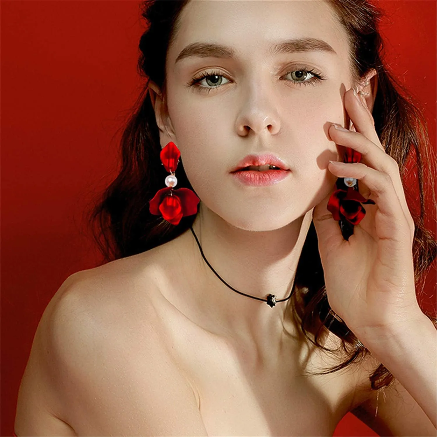 ANDPAI Chic Elegant Boho Red Rose Petal Dangle Resin Earrings - Long Drop Acrylic Tiered Matte Flower Earrings - Statement Exaggerated Floral Tassel Earrings for Women