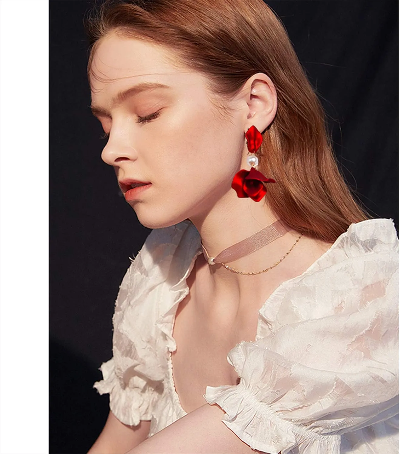 ANDPAI Chic Elegant Boho Red Rose Petal Dangle Resin Earrings - Long Drop Acrylic Tiered Matte Flower Earrings - Statement Exaggerated Floral Tassel Earrings for Women