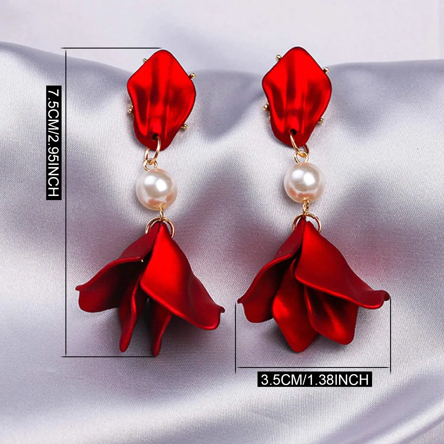 ANDPAI Chic Elegant Boho Red Rose Petal Dangle Resin Earrings - Long Drop Acrylic Tiered Matte Flower Earrings - Statement Exaggerated Floral Tassel Earrings for Women