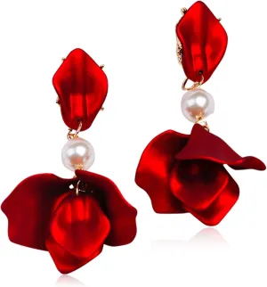 ANDPAI Chic Elegant Boho Red Rose Petal Dangle Resin Earrings - Long Drop Acrylic Tiered Matte Flower Earrings - Statement Exaggerated Floral Tassel Earrings for Women