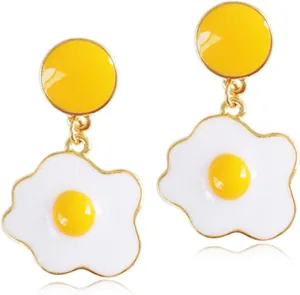 ANDPAI Chic Funny Cute 14k Gold Enamel Fried Egg Stud Earring Poached Egg Dangle Drop Earrings for Women Lover Kitchen Cooking Statement Jewelry Gifts