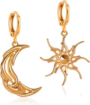 ANDPAI Unique Chic Abstract Hollow 14k Gold Asymmetry Moon Star Sun Dangle Drop Earrings Black Moon Hypoallergenic Huggie Hoop Earrings for Women Statement Jewelry Gifts