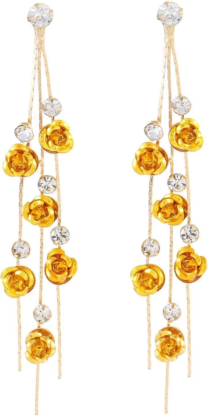 ANDPAI Unique Chic Long Tassel Chain Red Purple Rose Flower Dangle Drop Stud Earrings with White Sparkly Crystal for Women Statement Jewelry Gifts