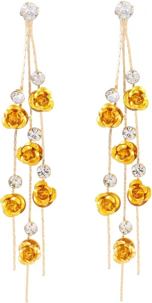ANDPAI Unique Chic Long Tassel Chain Red Purple Rose Flower Dangle Drop Stud Earrings with White Sparkly Crystal for Women Statement Jewelry Gifts