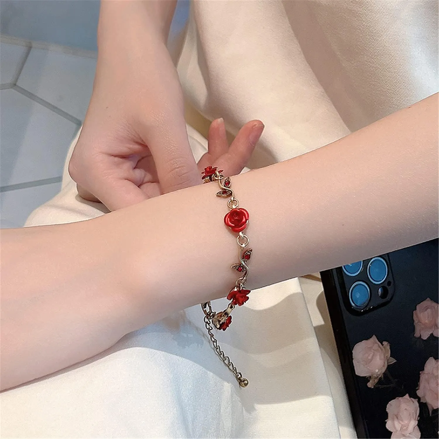 ANDPAI Unique Chic Long Tassel Chain Red Purple Rose Flower Dangle Drop Stud Earrings with White Sparkly Crystal for Women Statement Jewelry Gifts