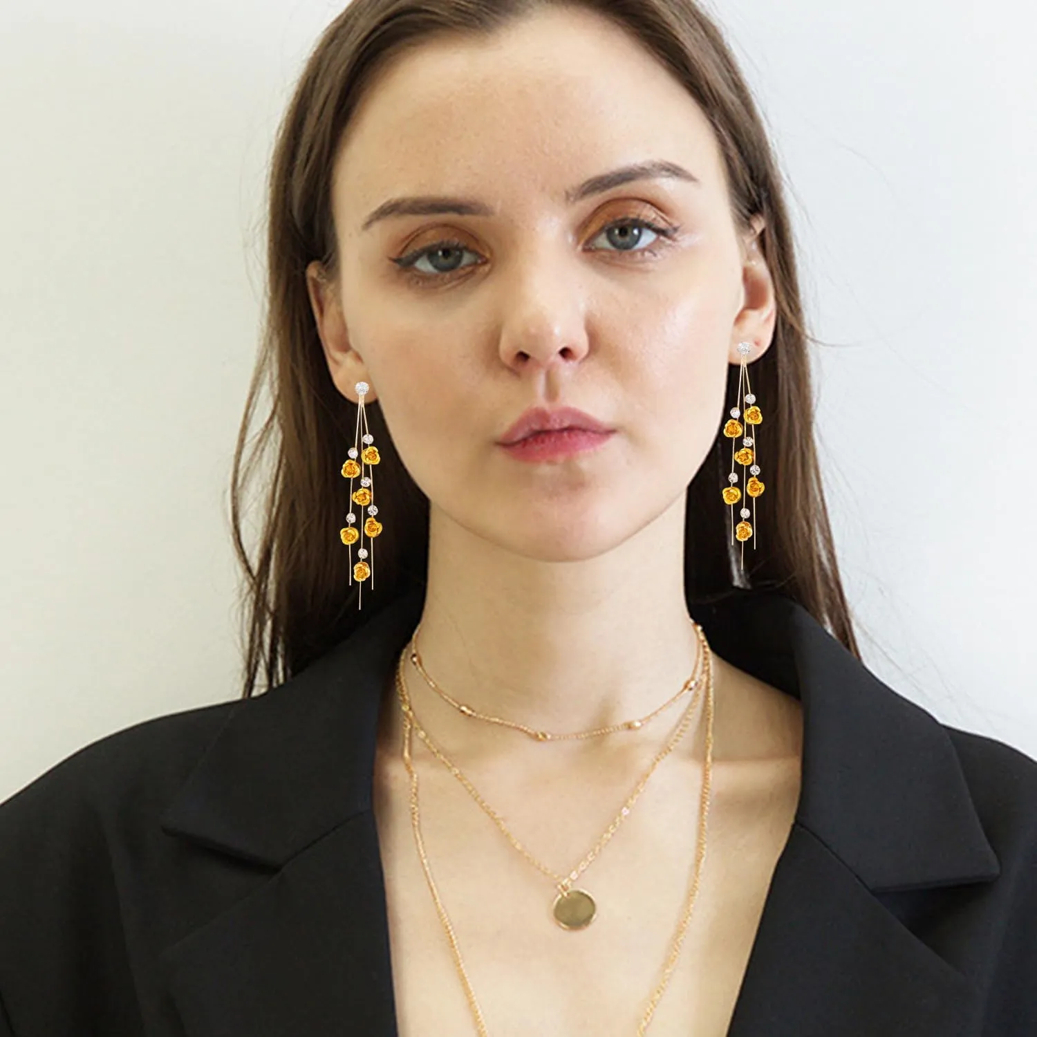 ANDPAI Unique Chic Long Tassel Chain Red Purple Rose Flower Dangle Drop Stud Earrings with White Sparkly Crystal for Women Statement Jewelry Gifts