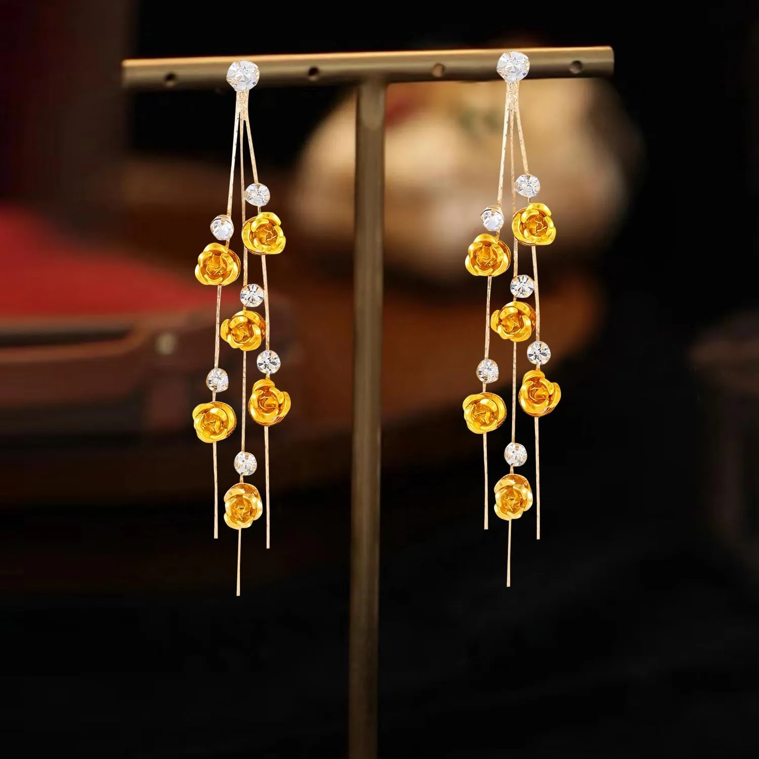 ANDPAI Unique Chic Long Tassel Chain Red Purple Rose Flower Dangle Drop Stud Earrings with White Sparkly Crystal for Women Statement Jewelry Gifts