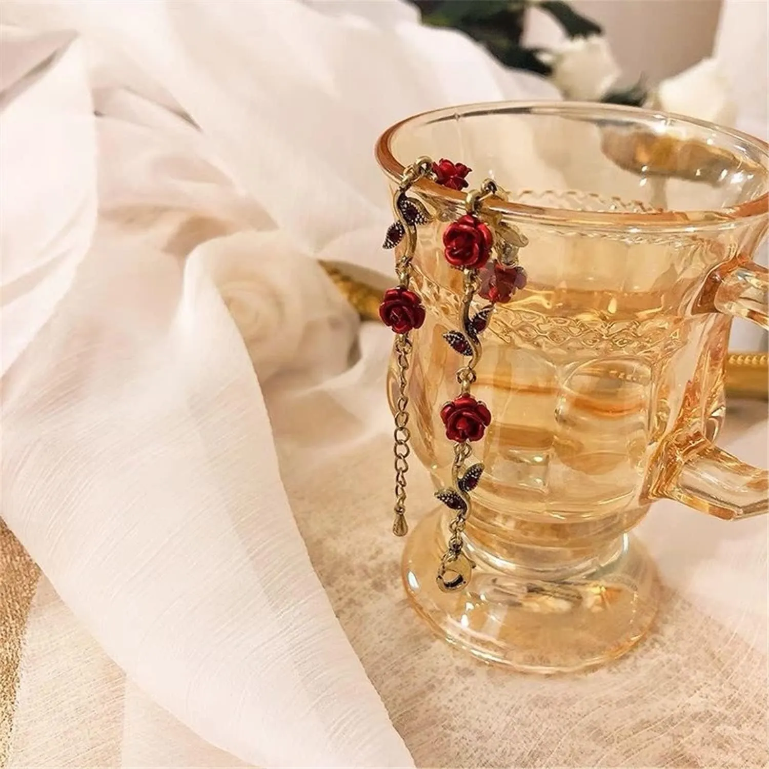 ANDPAI Unique Chic Long Tassel Chain Red Purple Rose Flower Dangle Drop Stud Earrings with White Sparkly Crystal for Women Statement Jewelry Gifts
